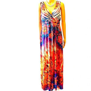 Emma Lulu Artsy Boho Floral Butterflies Stretchy Summer Maxi Dress women Sz S/L